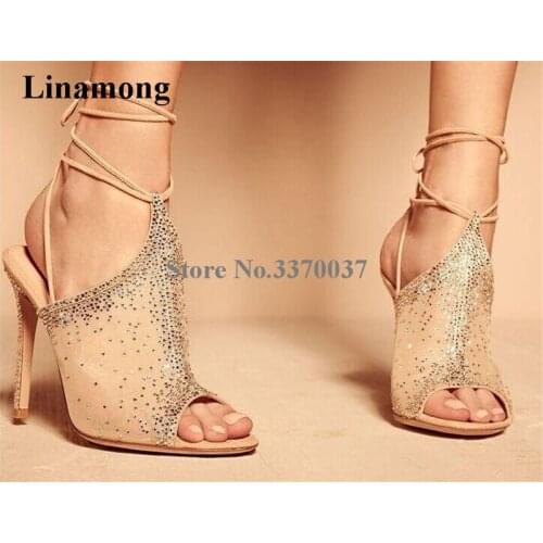 Ladies Bling Bling Peep Toe Rhinestone Mesh Thin Heel Pumps Lace-up Ankle Straps Crystal High Heels Formal Wedding Dress Shoes
