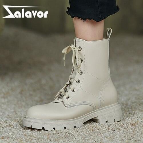 Zalavor Size 33-40 Genuine Leather WomenS Ankle Boots Shoes Low Heels Lace Up Winter Warm Fashion Short Boot Ladies Footwear