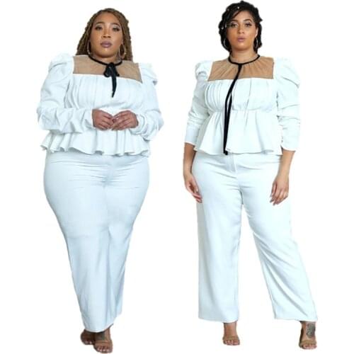 Women Suits Office Sets with Lacing Mesh Collar Long Sleeve White Top and Trouser Plus Size Ladies Outfit Wholesale Dropshipping