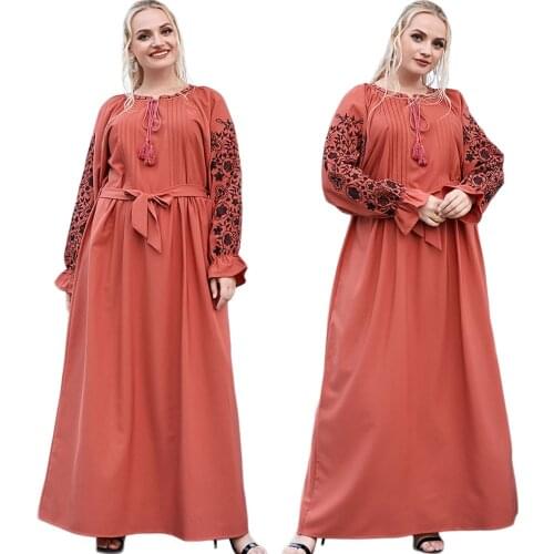 Vintage Ethnic Muslim Women Embroidery Long Dress Kaftan Loose Casual Maxi Arabic Abaya Middle East Ramadan Islamic Belt Fashion