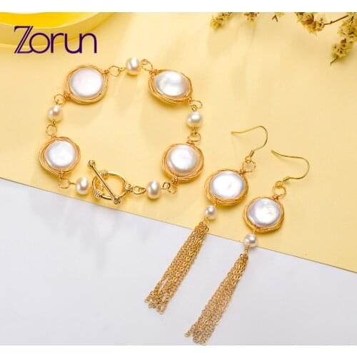 Zorun Gold String Real Freshwater Pearl Bracelet/Earring Fashion set 13MM Button Shaped Pearl New Design Good Sale for Women