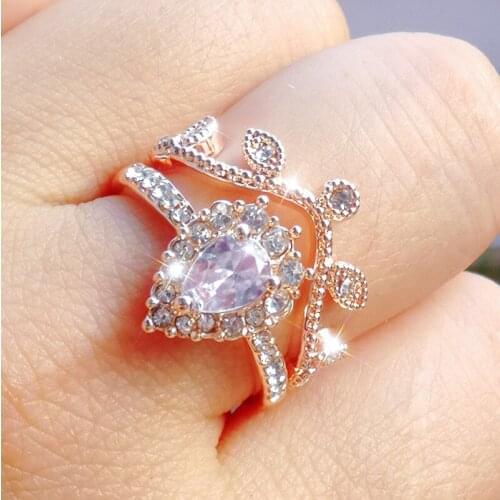 2Pcs/Set Luxury White Crystal Rings For Women Rose Gold Color Wedding Band Engagement Rings Jewelry Dropship Bagues Pour