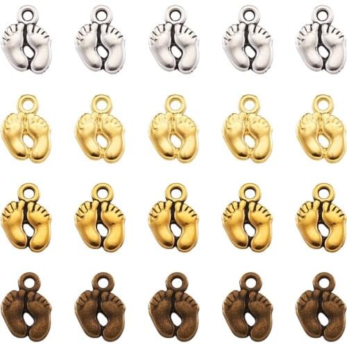 200pcs/Box Tibetan Style Metal Alloy Human Foot Print Charms Small Pendants for Necklace Bracelet Jewelry Making DIY 14x10x2mm