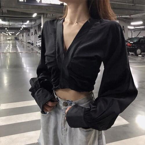 Blouse Women V-neck Long Sleeve Womens Shirt Long Sleeve Shirt Autumn Loose Crop Top Blusas Ropa De Mujer