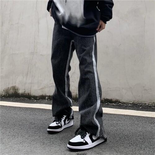 Harajuku Hip-hop Retro Flared Pants Men Washed Side Striped Wide Leg Casual Denim Trousers Oversize Streetwear Loose Jeans Pants