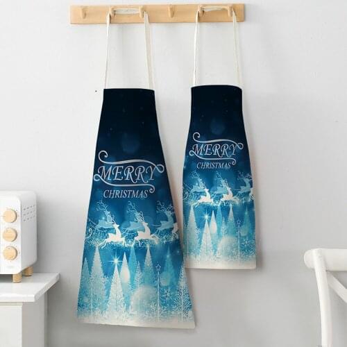 Christmas White and Blue Elk Series Cotton and Linen Apron Advertising Apron Womens Home Kitchen Supermarket Overalls