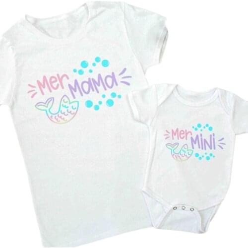 Family Look T-shirts Fashion Mama and Mini Mermaid Print Family Matching T-shirt Short Sleeve Mother and Daughter Clothes Cotton