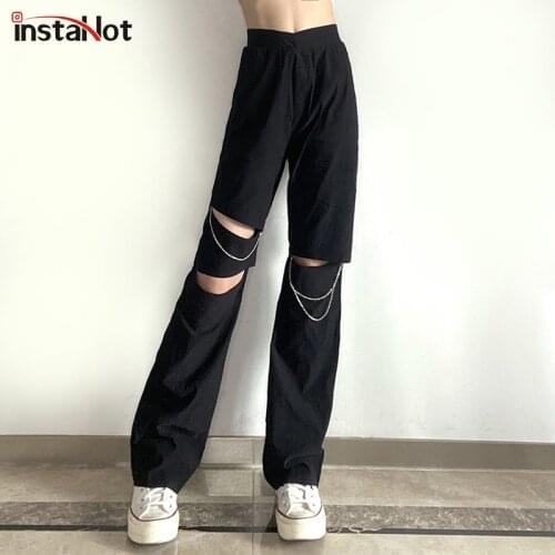 InstaHot Chain Hole Flare Pants Casual Women Streetwear Trousers Loose Fashion Club Vintage Sexy Female 2021 Summer Solid Pants