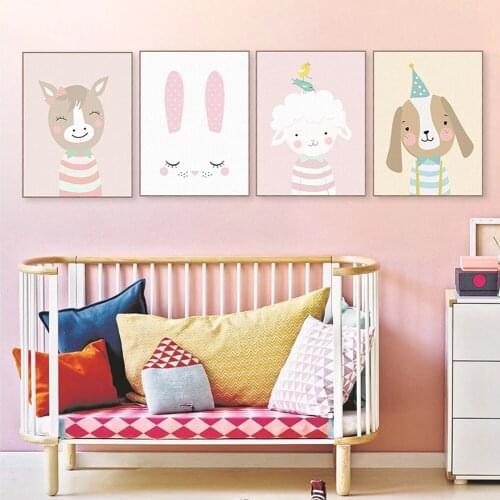 Pink Wall Decor Painting, Canvas Art For Living Room, Sheep Rabbit Cow Duck Dog Cartoon Poster