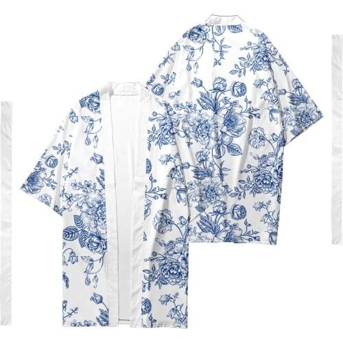 Japanese Anime White Floral Print Kimono With Belt Haori Yukata Cosplay Men Summer Casual Streetwear