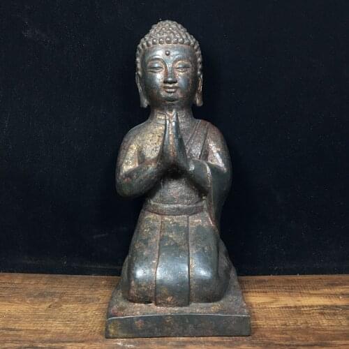 9"Tibet Temple Collection Old Bronze Lacquer Cinnabar Kneeling buddha Piety worship Sakyamuni Enshrine the Buddha