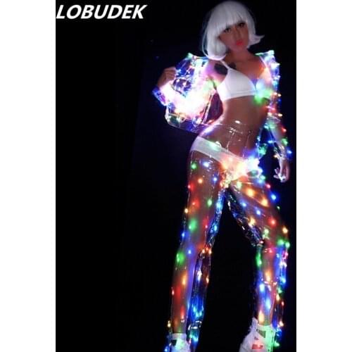 Sexy Perspective LED Sets Female Costume Color LED Light emitting lamp Performance Clothes Nightclub Singer Dancer Jazz Costumes