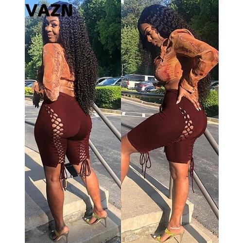VAZN Top design 2020 summer sexy lady 3 colors solid skinny hollow out lace up sexy shorts young girl sexy club springy shorts