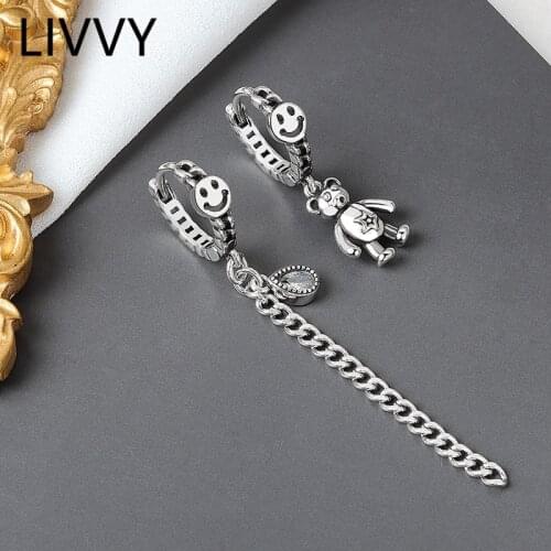 LIVVY Silver Color Cute Bear Water Drop Long Tassel Asymmetric Earrings Smiling Face Jewelry Vintage Party Accessories Gifts
