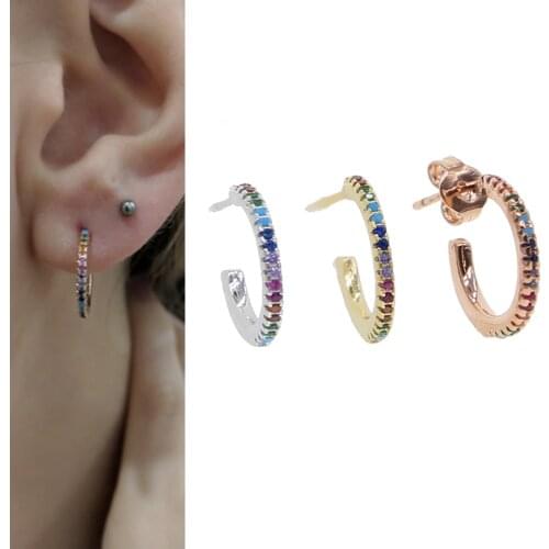 2019 latest gold color delicate minimal 13-15mm mini circle gorgeous jewelry rainbow colorful cz multi pierced hoop earrings