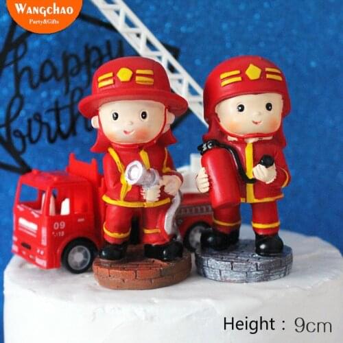 Cartoon Resin Little Fireman Happy Birthday Cake Topper Hero Dreamer Theme Cake Decoration Boys Kids Favors Gifts Party Supplies