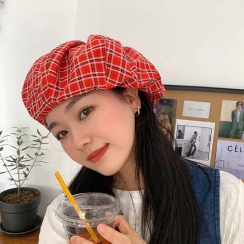 NEW Spring Autumn Grid Cotton Big Clouds Fashion Oversize Lady Red Beret Hat Women Leisure Painter Hat