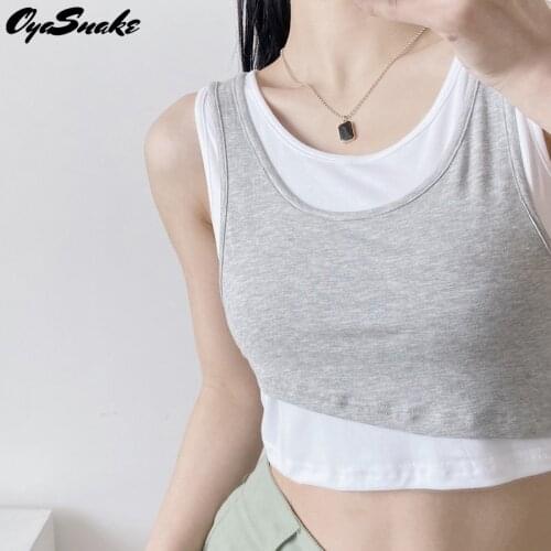 Oyasnake Fashion Casual O-Neck Tops Womens 2021 Summer New Hot Fake 2-Piece Patchwork Short Tanks For Females