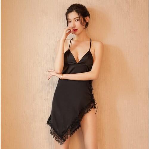 Sentiment flirting pajamas female open ice silk hot private room sexy temptation seduce lace deep V collar sleep skirt suit