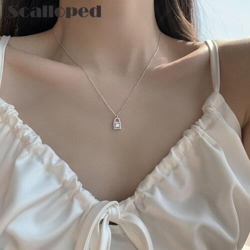 SCALLOPED Luxurious Sparkling White Zircon Lock Necklace For Women High Quality Chain Statement Choker Jewelry Gifts