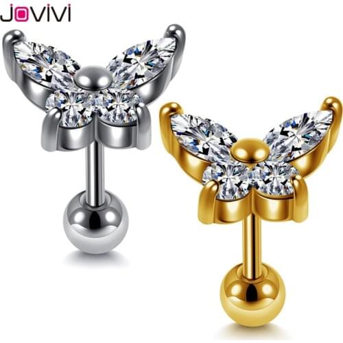 JOVIVI Stainless Steel Butterfly Stud Earrings Cubic Zirconia Round Barbell Tragus Cartilage Helix Ear Studs Piercing Jewelry