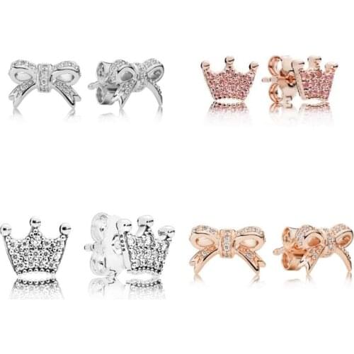 Authentic 925 Sterling Silver Earring Enchanted Crown With Crystal Studs Earrings For Women Wedding Gift Pandora Jewelry