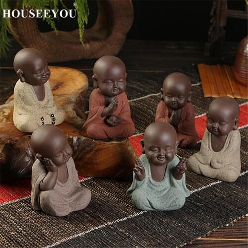 Buddha Statues Small Monk Color Sand Ceramic Home Club Geomantic Decoration Purple Sand Sculptures Figurines Tea Pet