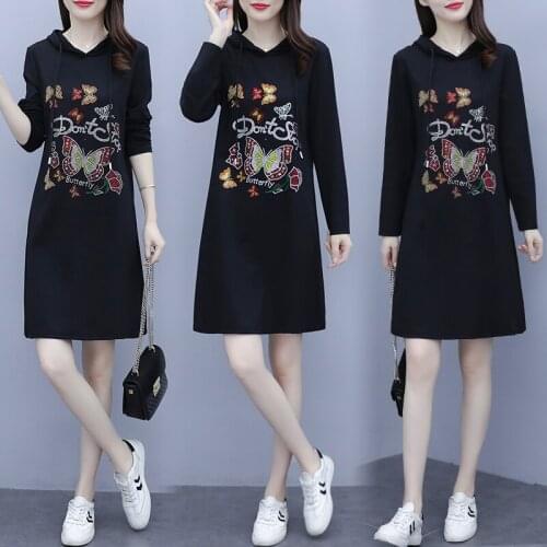 Loose Long Sleeve T-Shirt Dress Hoodies 2021 Autumn Fashion Black Slim Casual Big Blouses Blusa Hot Fix Dresses For Women Ladies