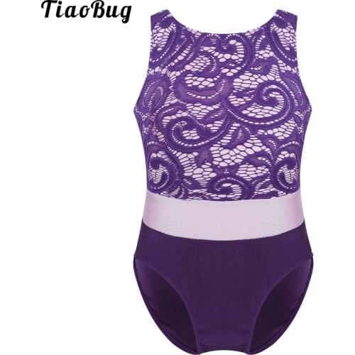 TiaoBug Kids Girls One-Piece Sleeveless Lace Top Bodice Color Block Ballet Dance Gymnastics Leotard Jumpsuit Bodysuit