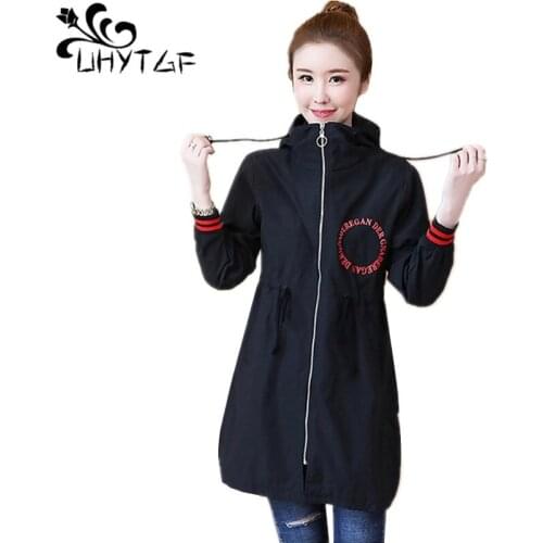 UHYTGF Autumn Womens Trench Coat Plus size print Loose Female Trench Coats Korean splice Fashion Womens Lace Hooded Coats X421