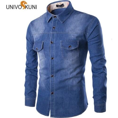 UNIVOS KUNI 2019 Mens Casual Shrit Denim Chest Pocket Long-Sleeved Fashion Slim Fit Soild Colro Male Boys Big Size 6XL J620