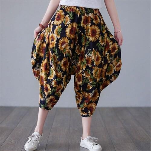 Women Sunflower Harem Pants Cotton Linen Cropped Trousers Ladies Bloomers Sarouel Femme Pantalon