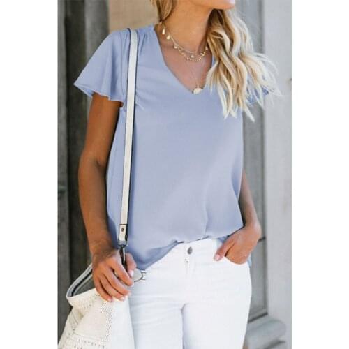 2021 Summer New Solid Color Loose V-neck Pleated Short Sleeve Simple Casual Top Women