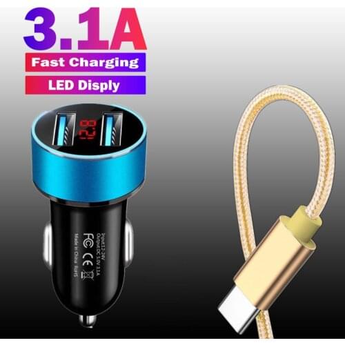 Car Charger Dual USB 3.1A Fast Charging Adapter For Samsung A32 A42 Xiaomi Note 10 Lite Redmi Note 6 7 8 9T 9S Nylon Data Cable