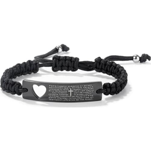 Stainless Steel Heart Bar Religious Christ Bible Verse Heart Rope Chain Bracelet Bangle Men Jewelry Gift For Him