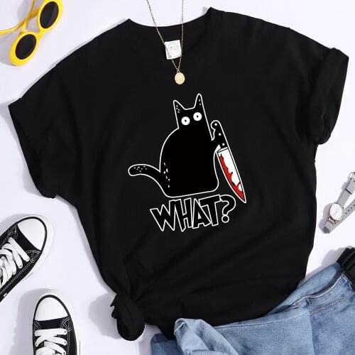 Cartoon Black Cat What Funny Print Short Sleeve T Shirt Women Big Size Fashion T-shirt Women Korean High Quality Tee Top Women