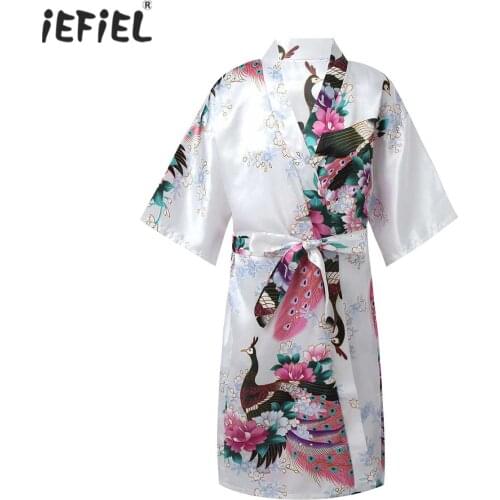 Children Bathrobe Kids Sleepwear Nightgown Peacock Flower Printed Girls Faux Satin Kimono Robe Spa Wedding Birthday Party Robes