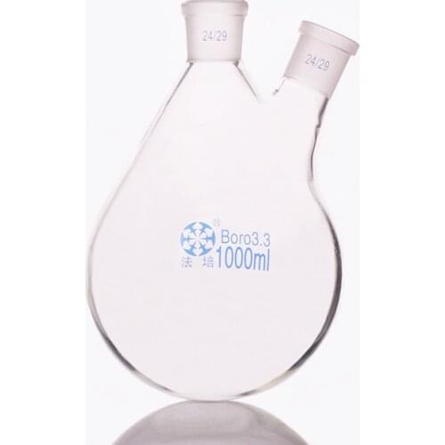 Flask eggplant shape,2 short necks standard grinding mouth,Capacity 1000ml,joint 24/29,Oblique eggplant-shaped flask