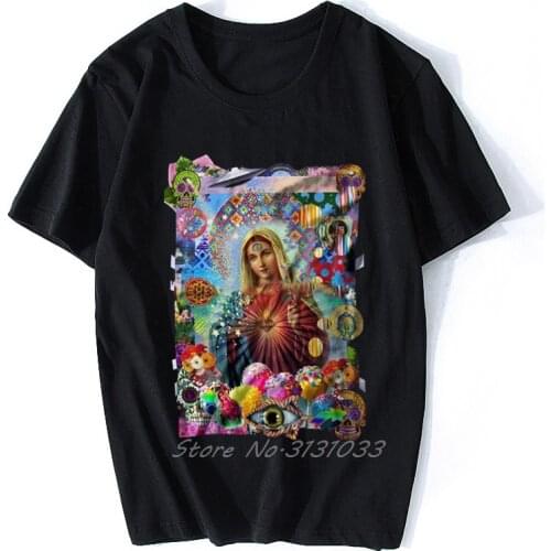 Virgin Mary Shrine DMT Trippy LSD Psychedelic Woke Spiritual Mexican Art T Shirt Men O-neck Short Sleeve Tshirt Cotton Tees