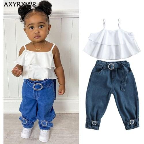 2-6Years Fashion Toddler Kids Girls Summer Clothes Sets Chiffon Ruffles Sleeveless Vest Tops+Belt Denim Pencil Pants Outfits