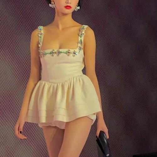 High Fashion Tank Top Women Sexy Streetwear 2021 Summer Crystal Beaded Square Collar Shirts Spaghetti Strap Backless Tank Tops