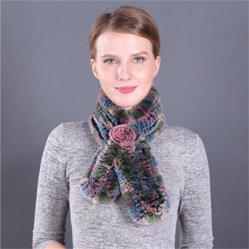 IANLAN Fashion Women Real Fur Scarves Flower Style Knitted Rex Rabbit Fur Muffler for Ladies Winter Soft Fur Wrap IL00026