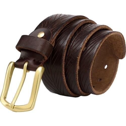 New natural embossed belt strip pure genuine leather vegetable tanned Copper Buckle Men Cowskin Male belt for Jeans