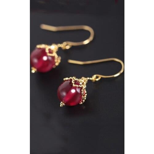 DAIMI GEMSTONES Large Grain Ruby Earrings, Womens Day Genuine Natural Yellow 18k Gold Retro Ear Hooks