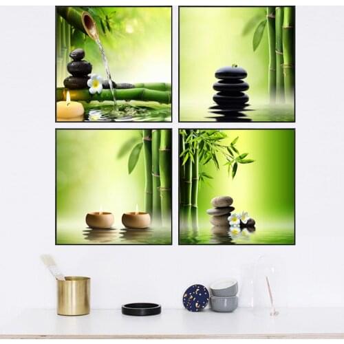 Modern Green Bamboo Zen Candle 4 Panels Posters Prints Religious Pictures On Canvas Wall Art Painting For Living Room Decoration