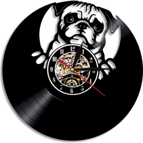 English Bulldog Vinyl Album Re-purposed Record Wall Clock Retro Ornament Laser Cut Handicraft Art Dog Clock Watch For Pet Shop