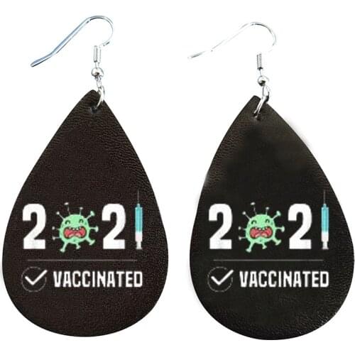 Vaccinated 2021Leather Earrings Kiss Me Vaccinated Faux Leather Teardrop Earrings Wholesale