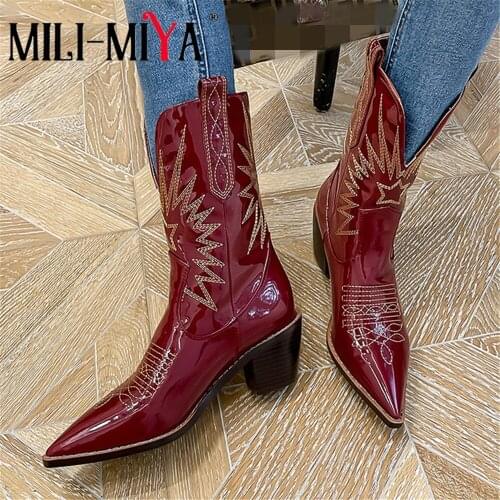 MILI-MIYA Fashion Western Boots Pointed Toe Square Heels Women Cow Leather&Microfiber Knee-High Shoes Slip-On Size 34-40