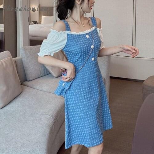 High Quality Summer Fashion Dress One Line Shoulder Exposed Clavicle Dress Denim Splicing Strap Skirt 2021 Slim Denim Skirt