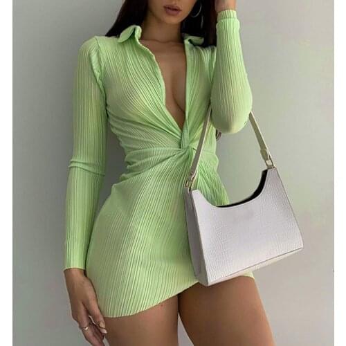 Lady Sexy Shirt Dress Pit Stripes Deep V Neck Women Turn-Down Collar Lapel Long Sleeve Ruched Bodycon Dresses 2021